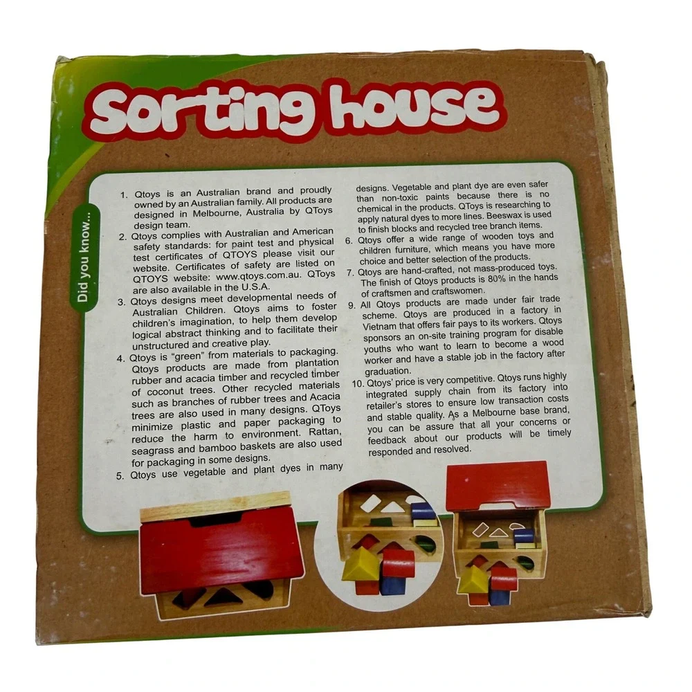 NEW Sealed Qtoys Sorting House‎ Wooden Shape Sorter Montessori Toy Box